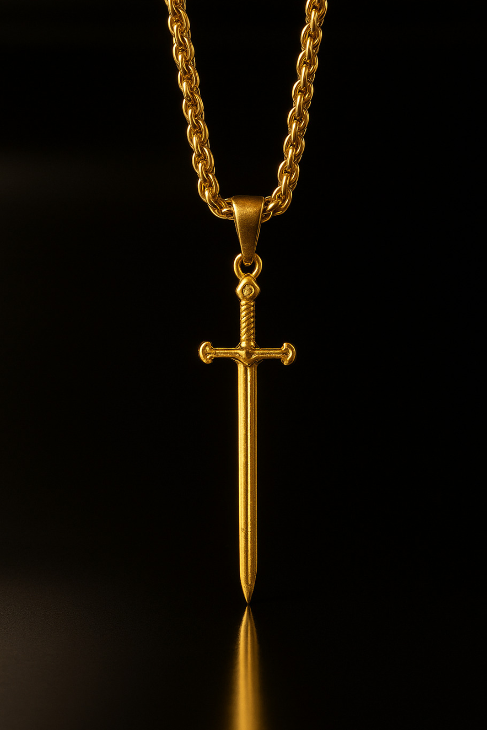 A gold-colored sword pendant is suspended from a chain against a black background.