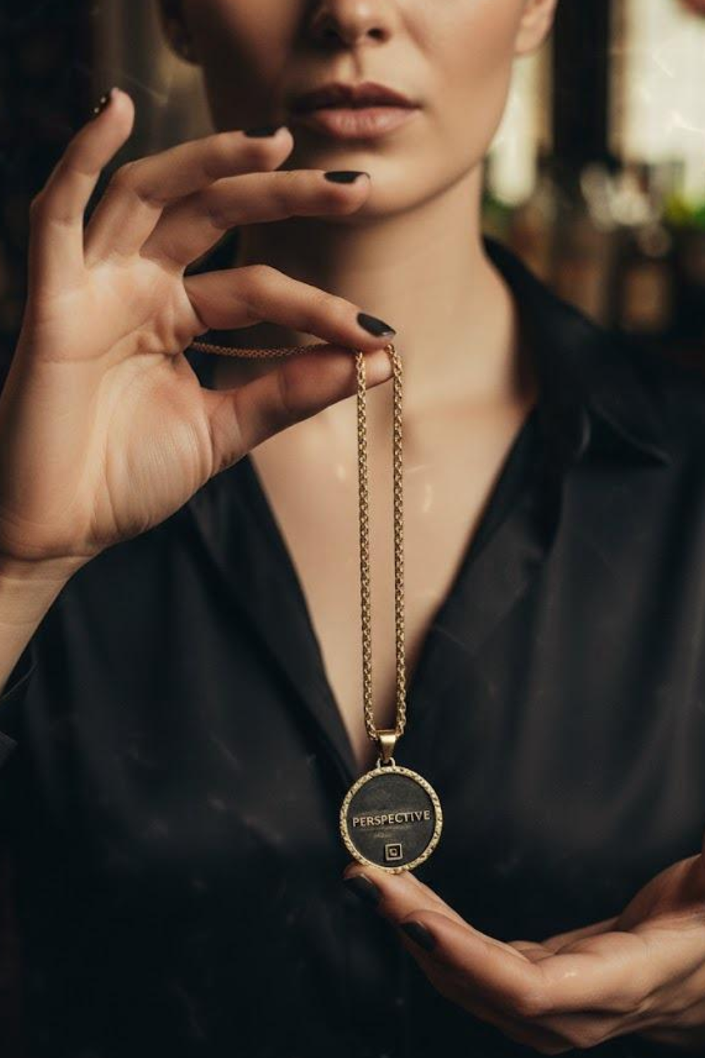 A woman wearing a black top holds a gold necklace with a circular pendant that says "perspective".