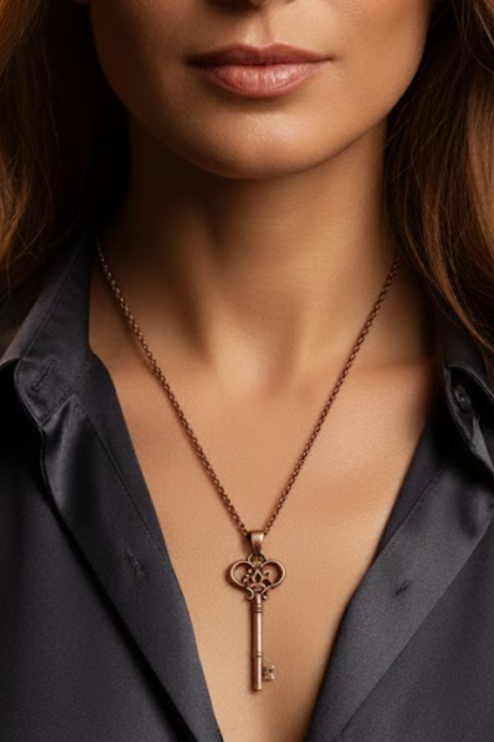 A woman wearing a necklace with a large, ornate key pendant.