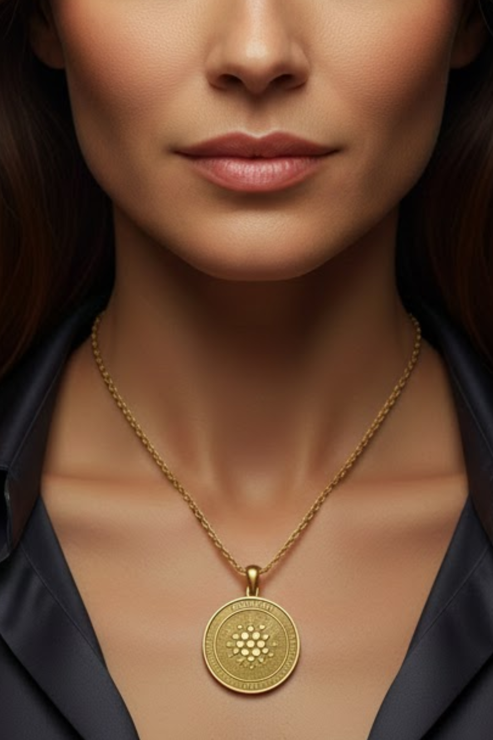 A close-up of a woman's neck and chest area, with a gold necklace featuring a large pendant.