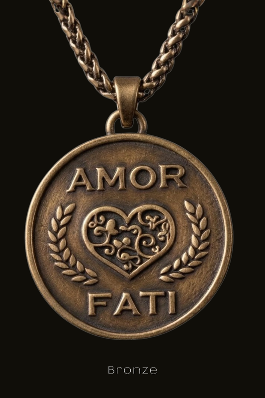 A bronze pendant with the words "Amor Fati" engraved on it, featuring a heart-shaped design with leaves.