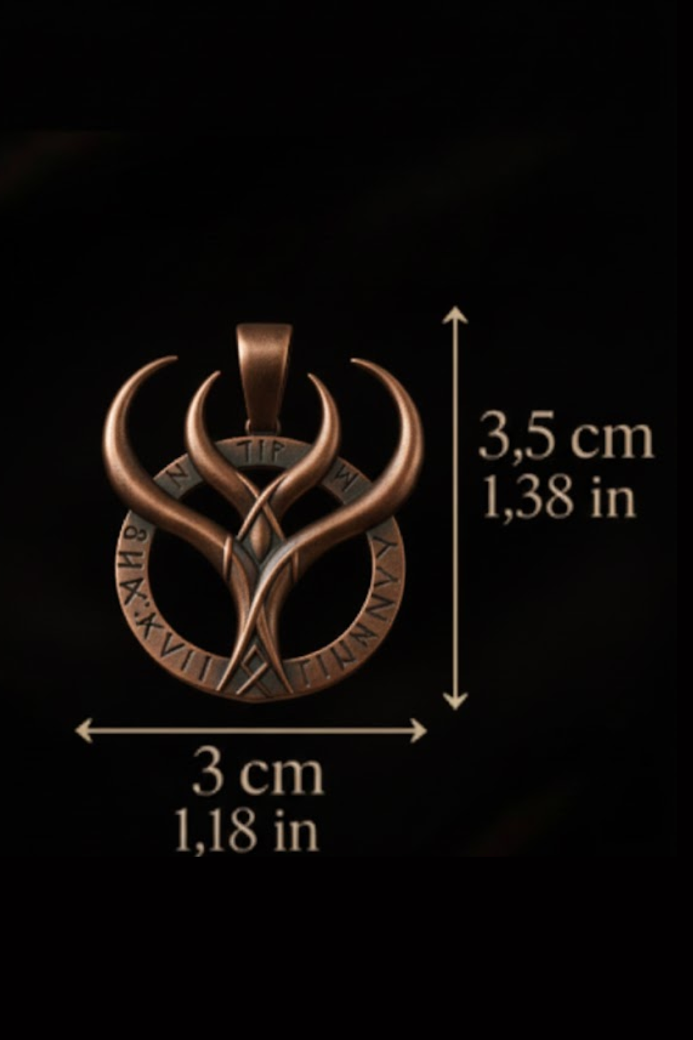a pendant with a design that includes a crescent moon and Roman numerals. The pendant is described as being 3.5 cm in diameter and 1,18 in in height.