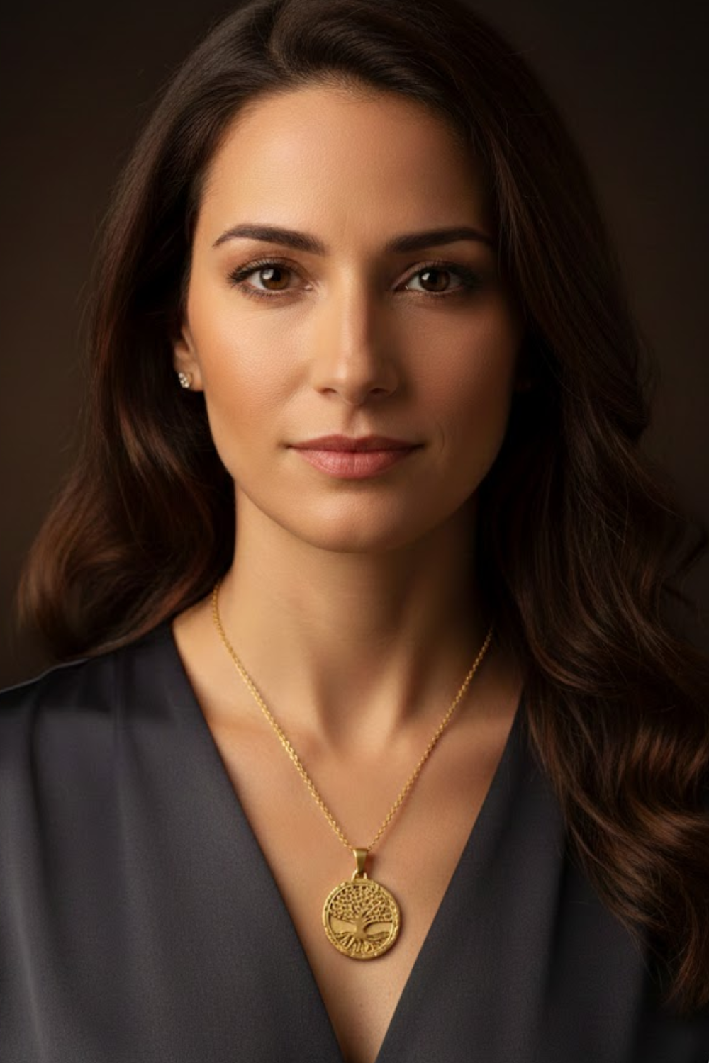 A woman with long brown hair wearing a necklace and a dark gray top, looking directly at the camera with a serious expression.