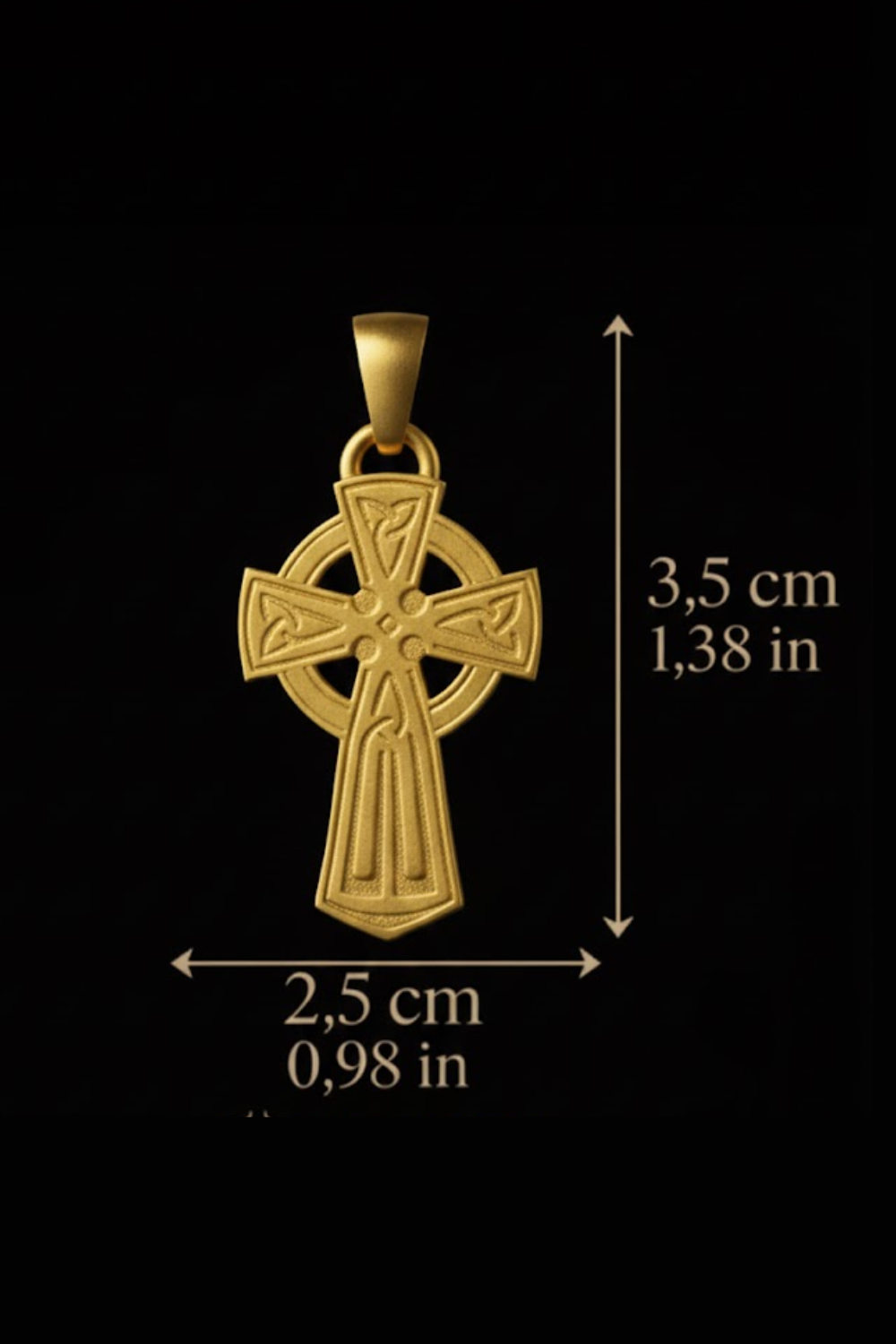 A gold cross pendant with intricate designs, measuring 3.5 cm in length.