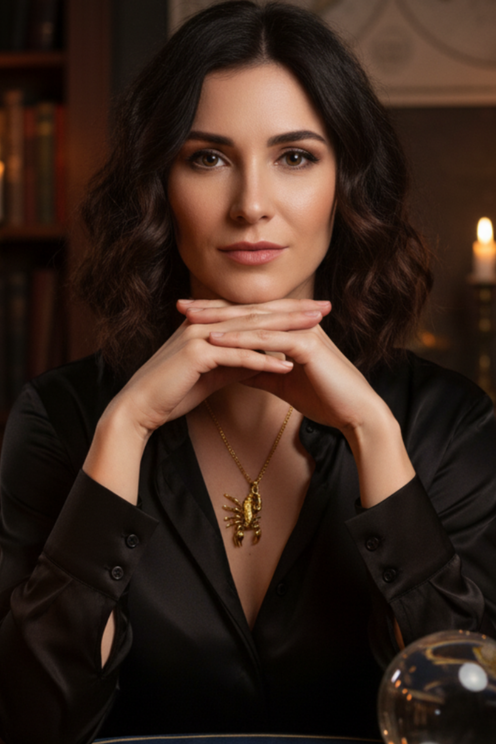 A woman with dark hair wearing a black blazer and a necklace with a pendant is posing with her hands on her chin.