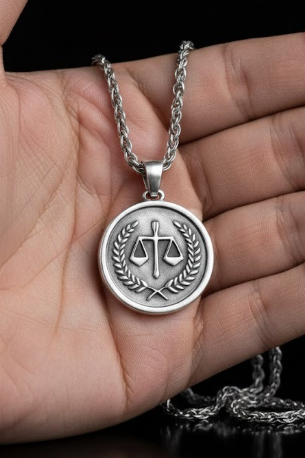 A silver-toned pendant necklace with a circular medallion featuring a symbol of scales and laurel leaves.