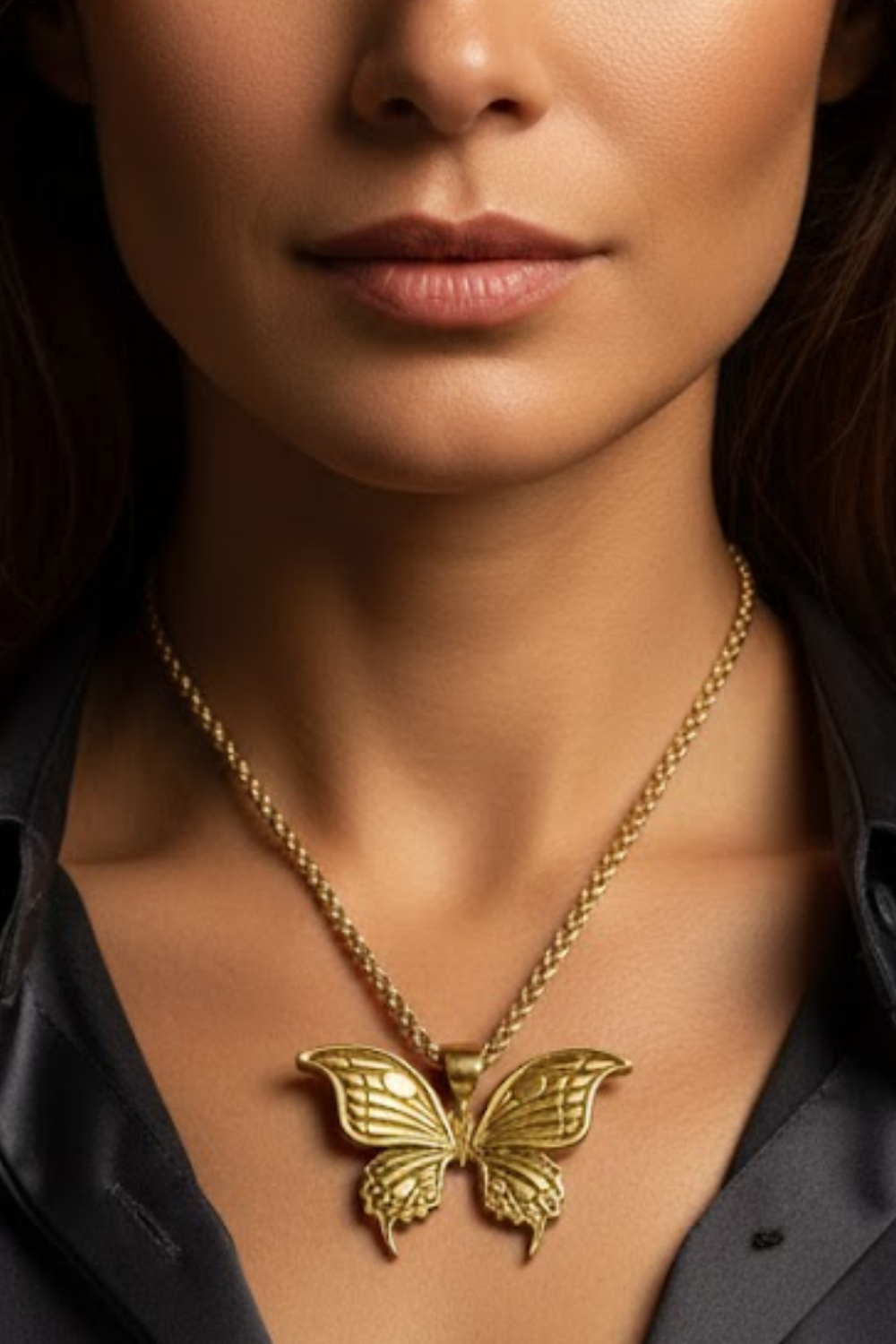 A close-up of a woman's neck and chest area, with a gold butterfly pendant necklace prominently displayed.