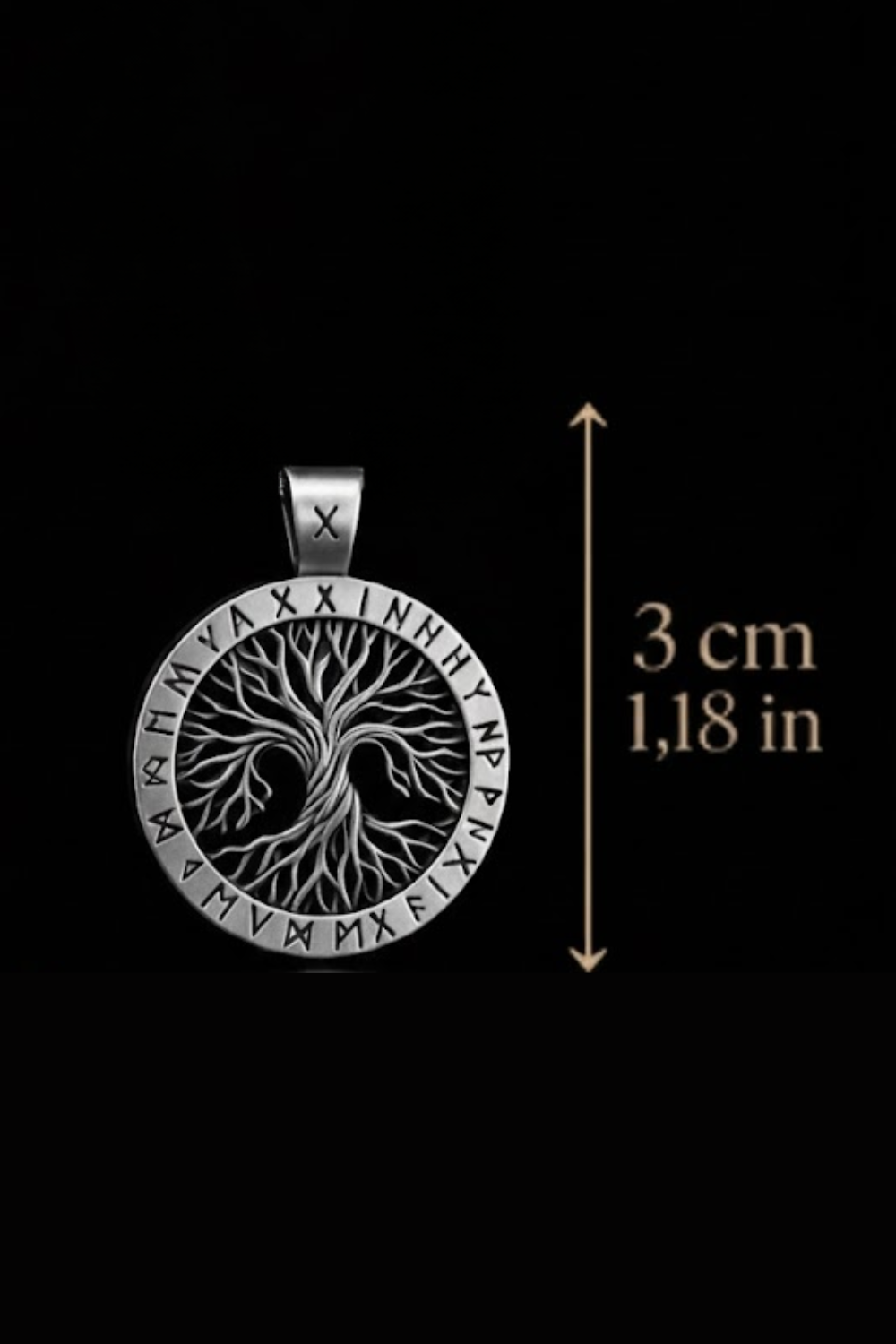 A silver pendant in the shape of a tree with intricate designs, measuring 3 cm in diameter.