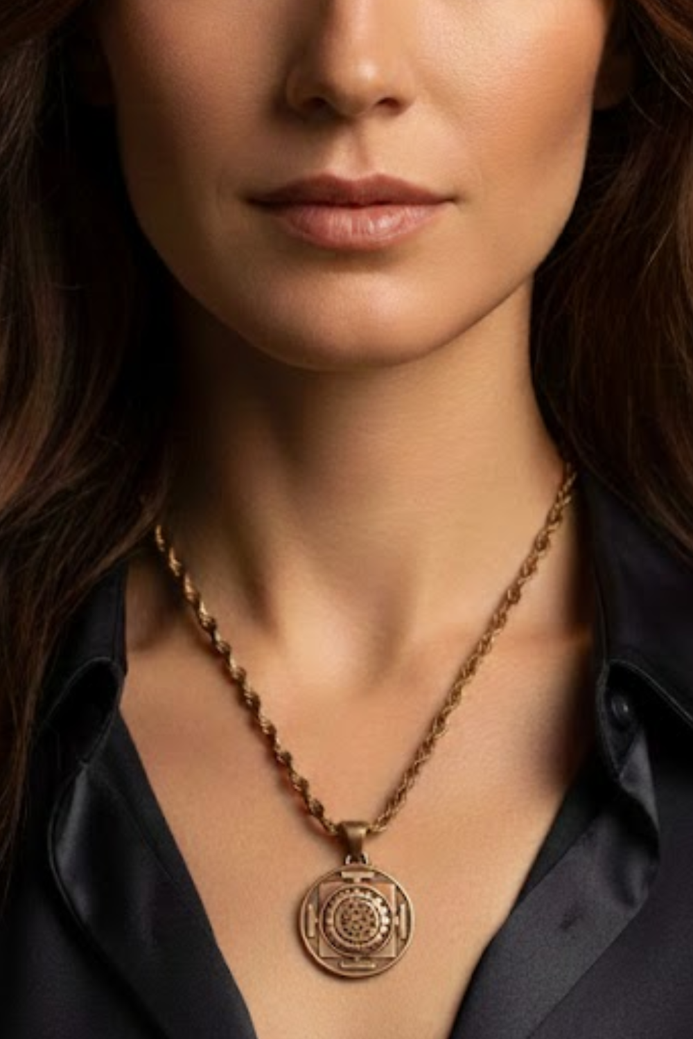 A close-up of a woman's neck and chest area, with a gold-colored pendant necklace visible.