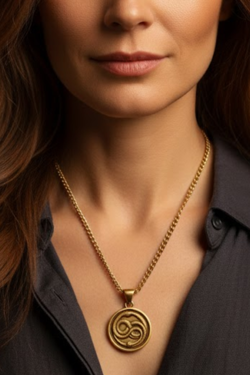 A close-up of a woman's neck and chest area, with a gold necklace featuring a circular pendant hanging from her neck.