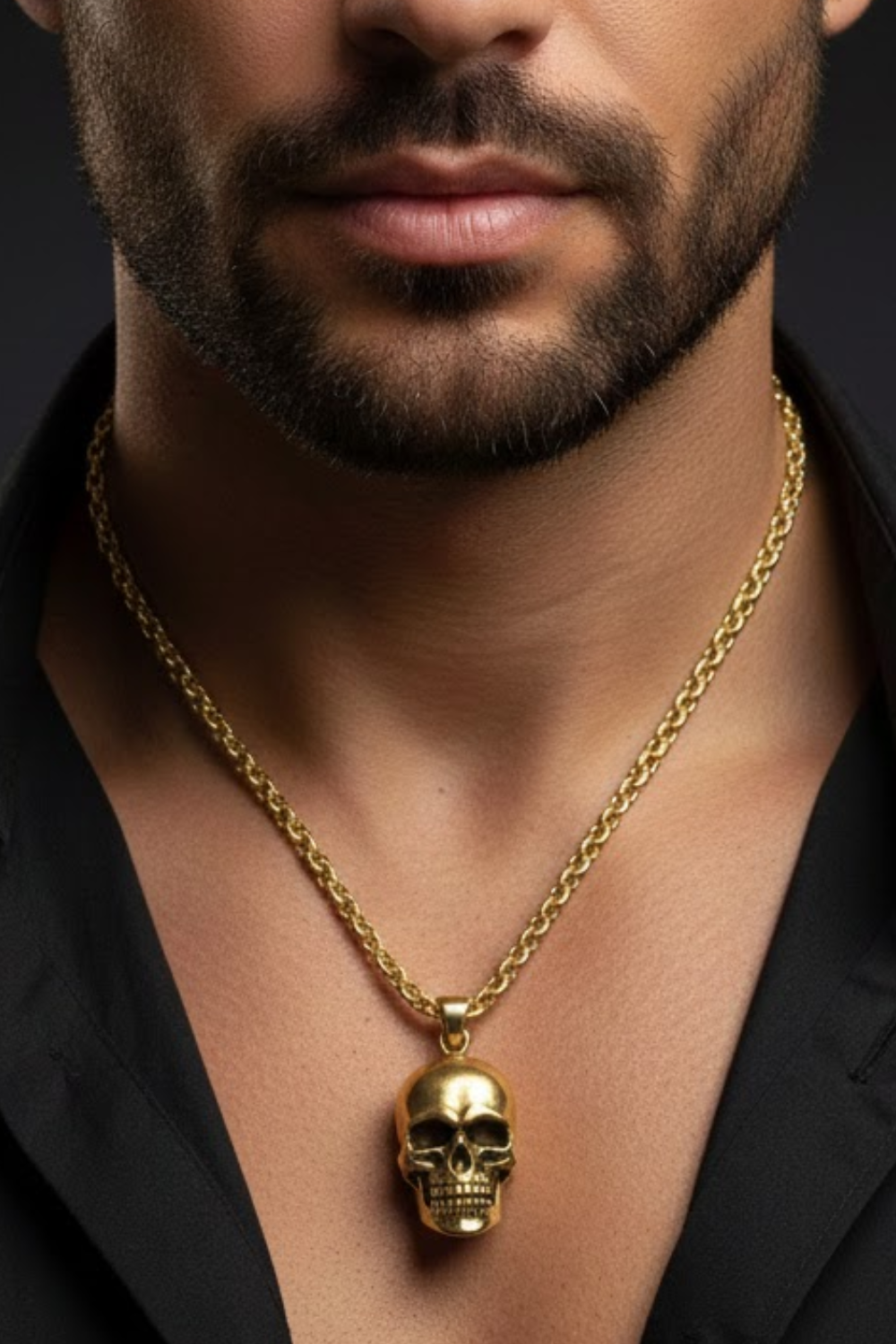 A close-up of a man's neck and chest area, with a gold-colored pendant featuring a skull design hanging from a chain around his neck.