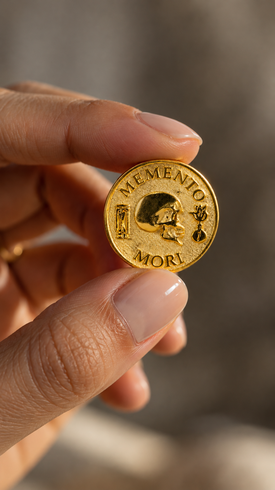 Moneda Memento Mori | Símbolo de mortalidad, sabiduría y presencia | Hecho a mano en plata de ley 925, chapado en oro de 24 quilates, bronce, cobre