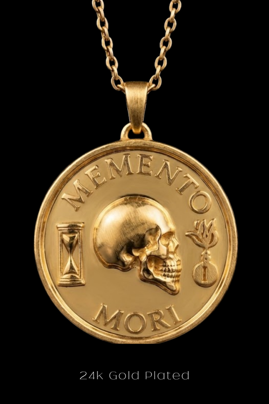A 24k gold plated pendant necklace with a medallion design featuring a skull, sand timer, and flower.