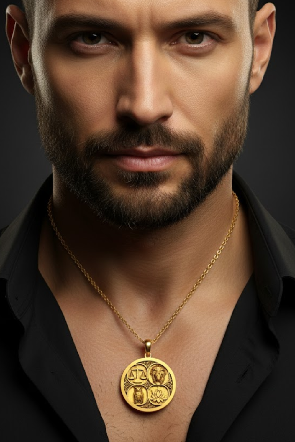 A close-up portrait of a man wearing a gold necklace with a pendant featuring a symbol.