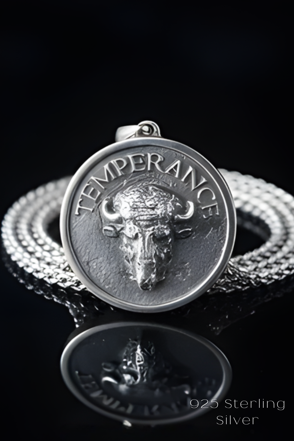 A silver pendant with the word "TEMPERANCE" engraved on it, surrounded by a silver chain.