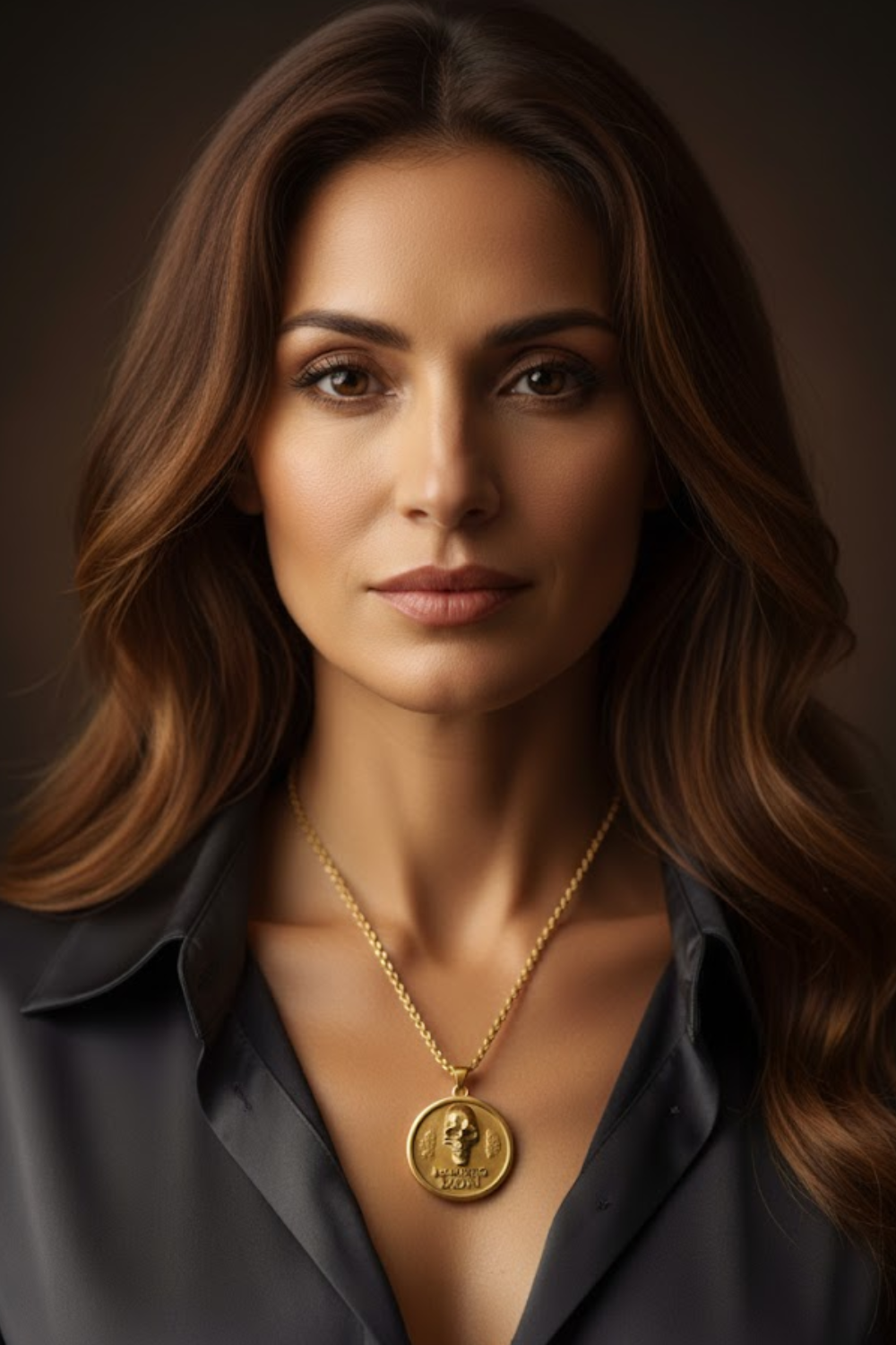 A portrait of a woman with long brown hair wearing a necklace with a large pendant.