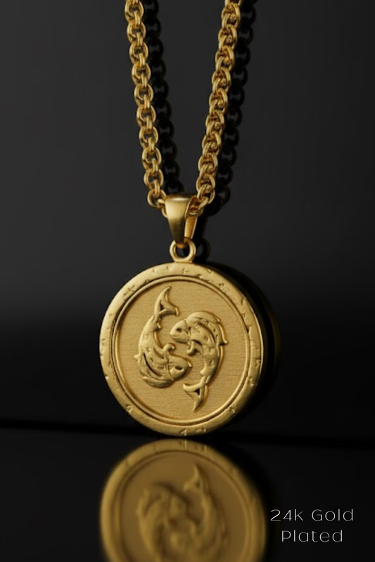 A gold-colored pendant necklace with a circular medallion featuring a fish design, suspended from a chain against a black background.