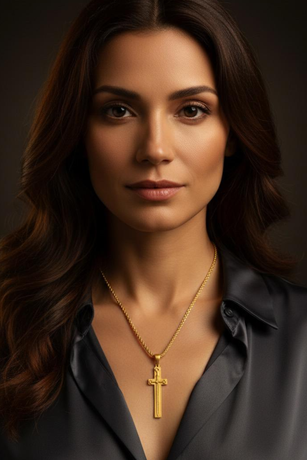 A woman with long brown hair wearing a black blouse and a gold cross necklace.
