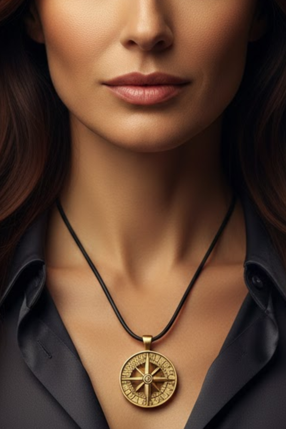 A close-up of a woman's neck and chest area, with a gold compass pendant hanging from a black cord around her neck.
