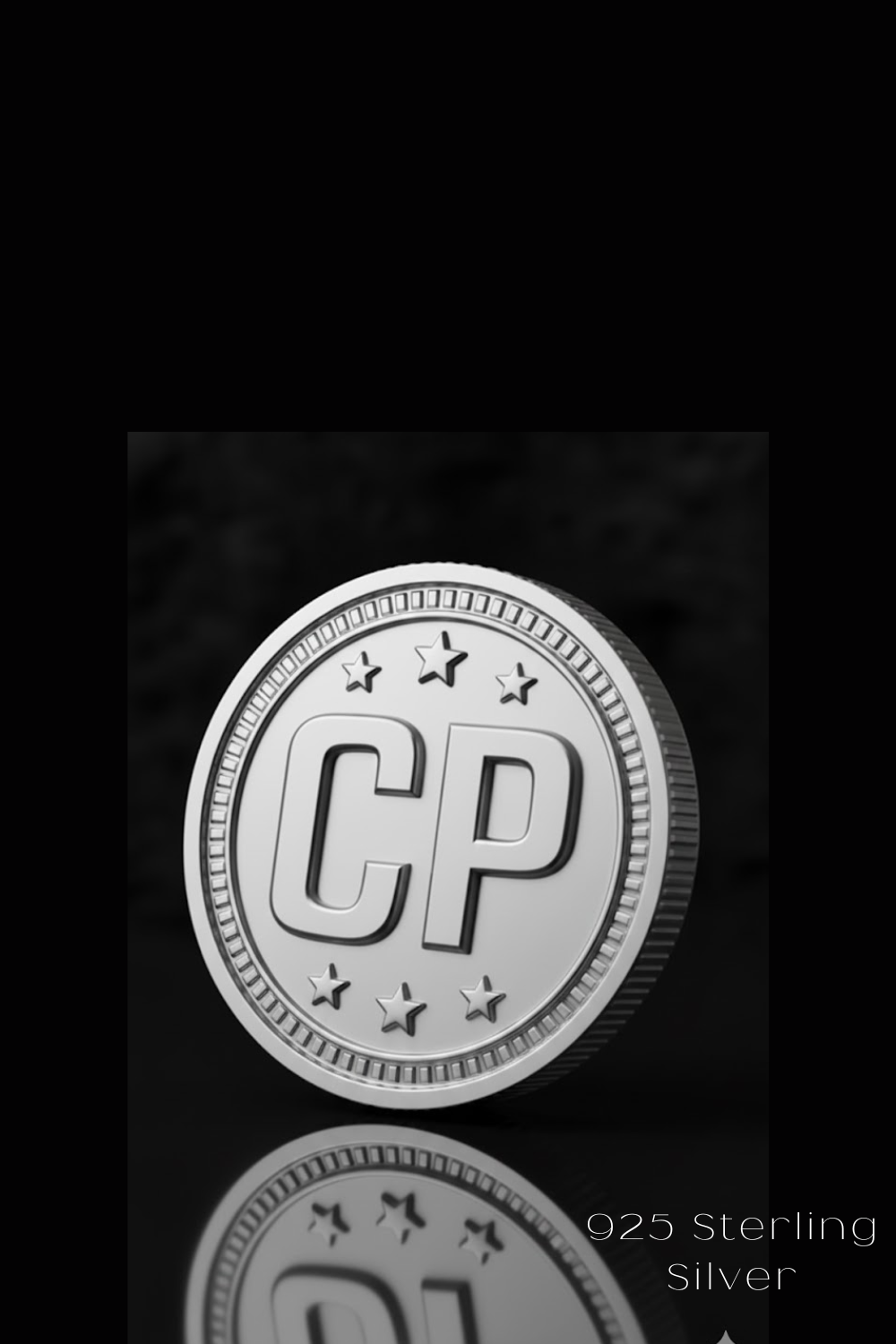 A close-up of a silver coin with the letters "CP" prominently displayed, against a dark background.