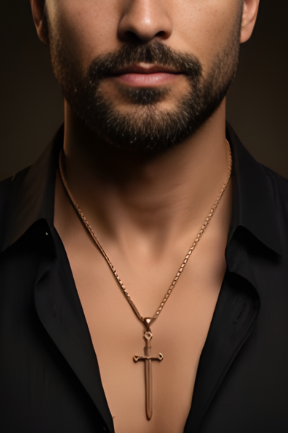 A close-up of a man's neck and chest area, with a gold-colored necklace featuring a sword pendant.