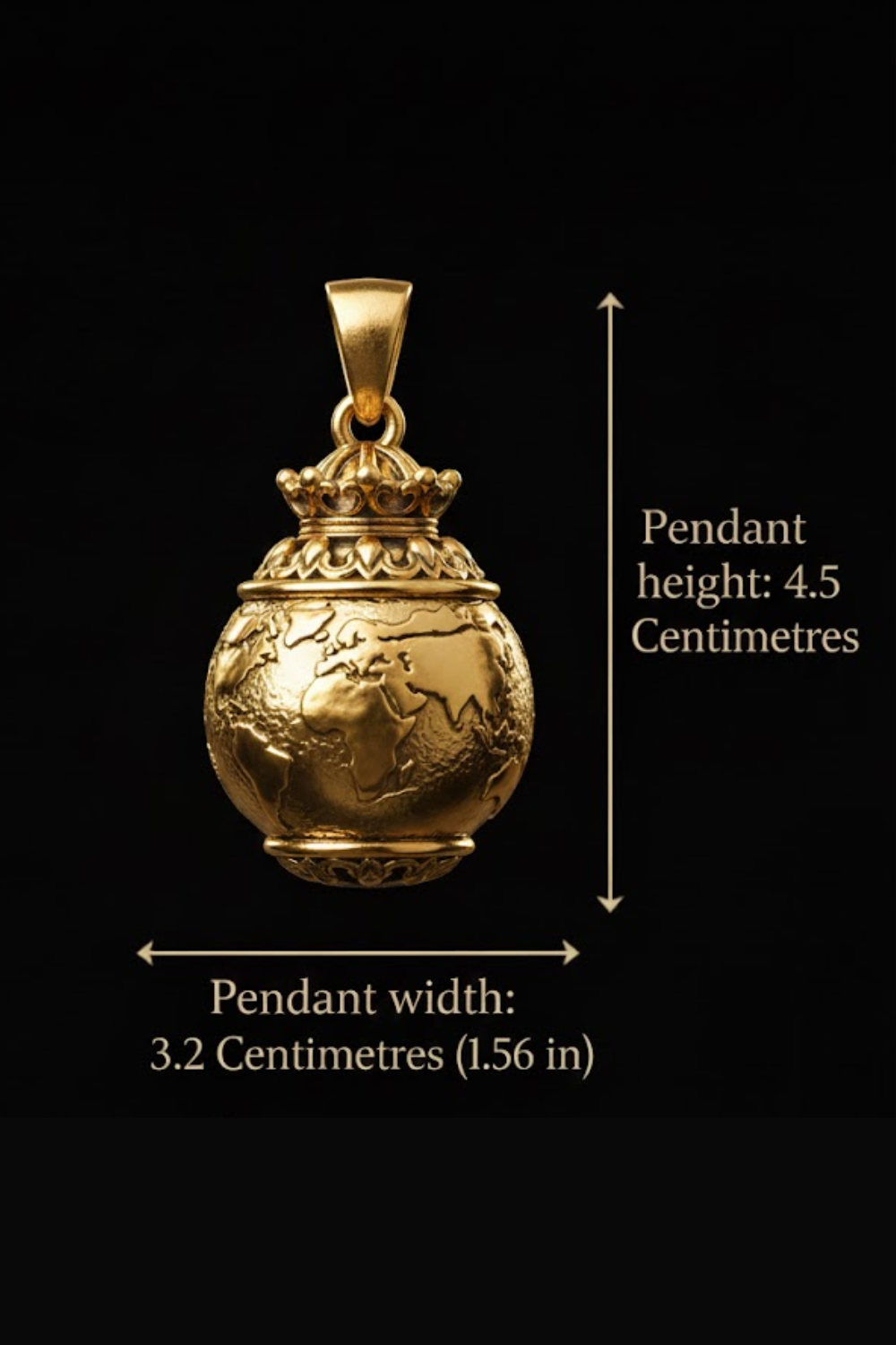 A gold-colored pendant in the shape of a globe, with a crown-like design on top, is shown against a black background.