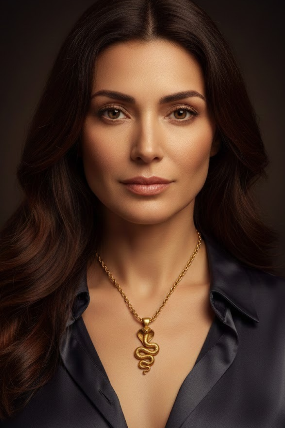 A woman with long brown hair wearing a necklace with a snake pendant, looking directly at the camera with a serious expression.