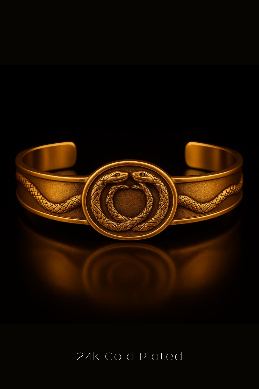 A 24k gold plated bracelet with a snake design on the front.