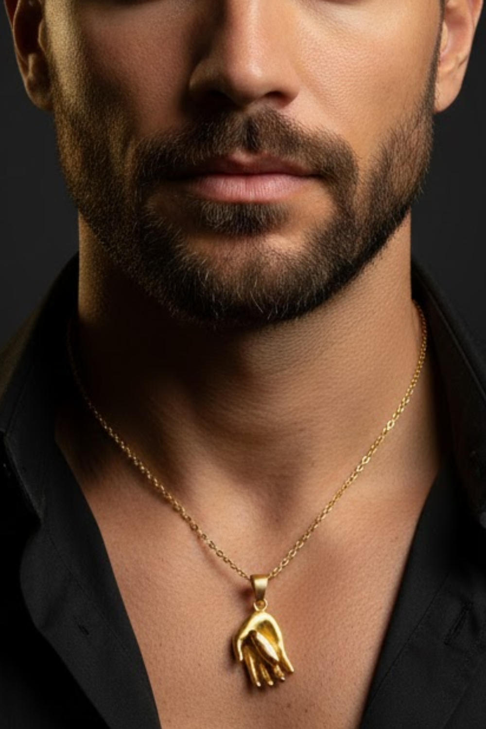 A close-up of a man's neck and chest area, with a gold-colored pendant necklace visible.