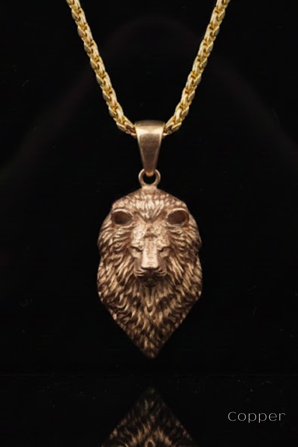 A gold-colored pendant in the shape of a lion's head is displayed against a black background.