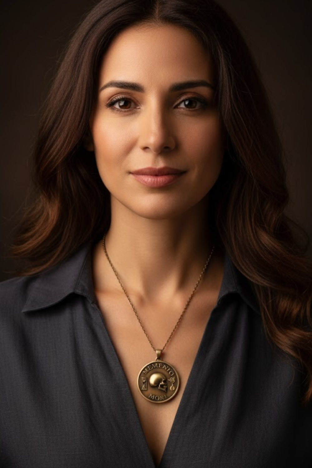 A portrait of a woman with long brown hair wearing a necklace with a pendant. She is looking directly at the camera with a neutral expression.