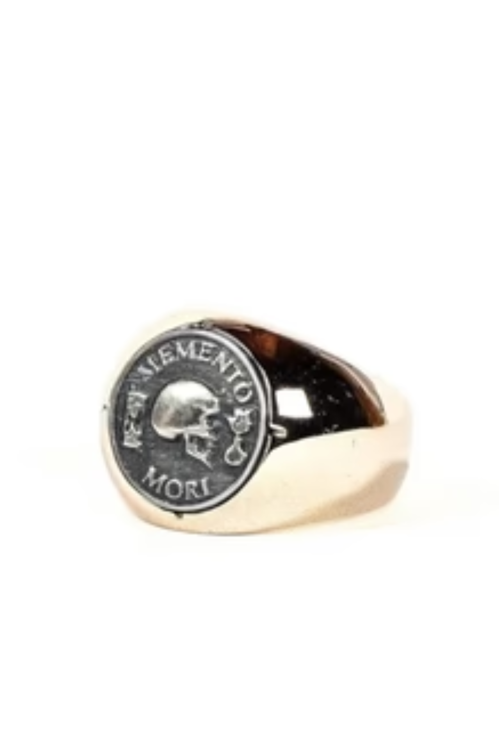 A gold ring with a silver medallion featuring a skull and the Latin phrase "REVIVOR TILL THE MORT".