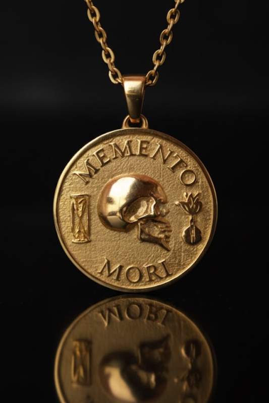 A gold-colored pendant necklace with a circular medallion featuring a skull and the Latin phrase "Memento mori" (which means "Remembering the dead" in English).