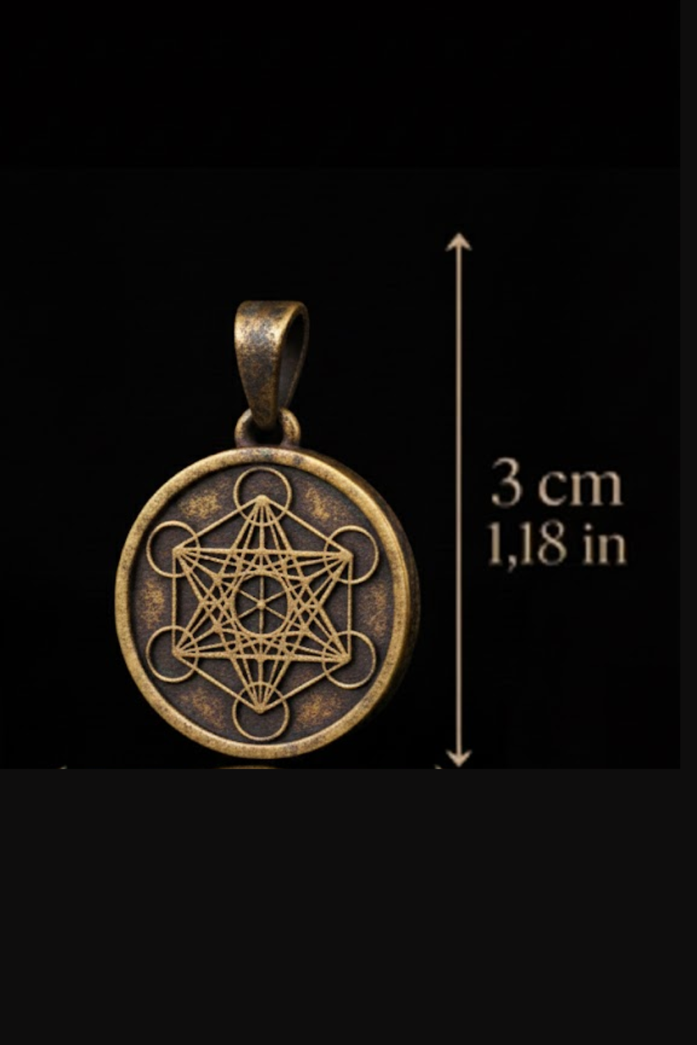 A pendant in the shape of a hexagon with a geometric design, against a black background.