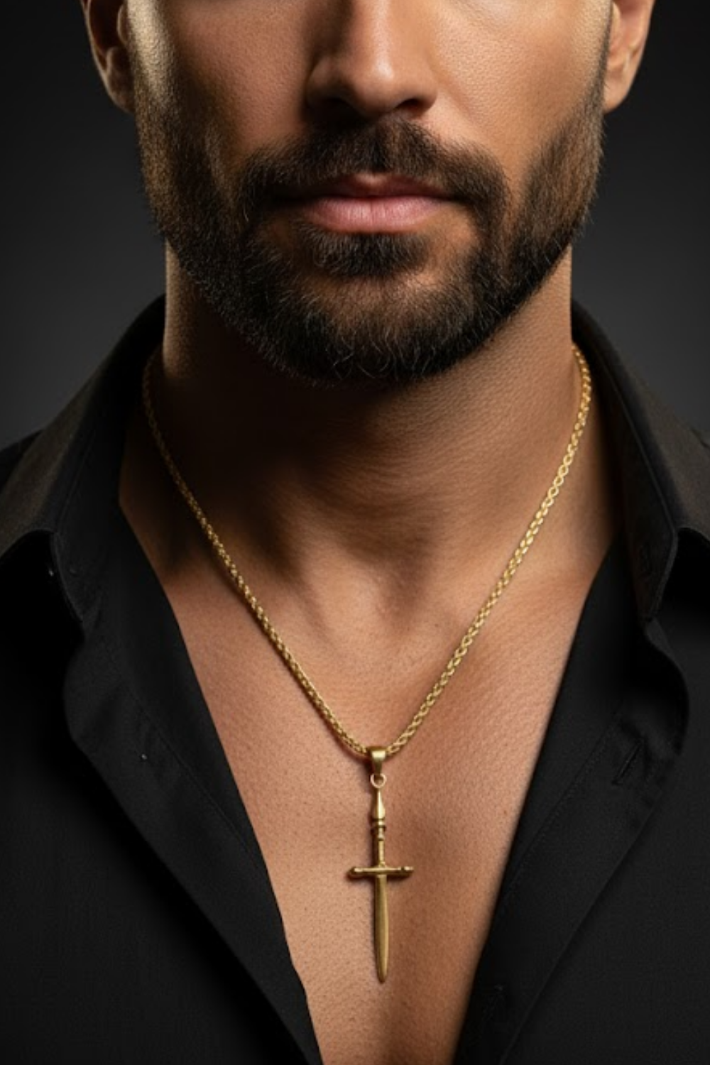 A close-up of a man's neck and chest area, with a gold cross pendant hanging from a gold chain.