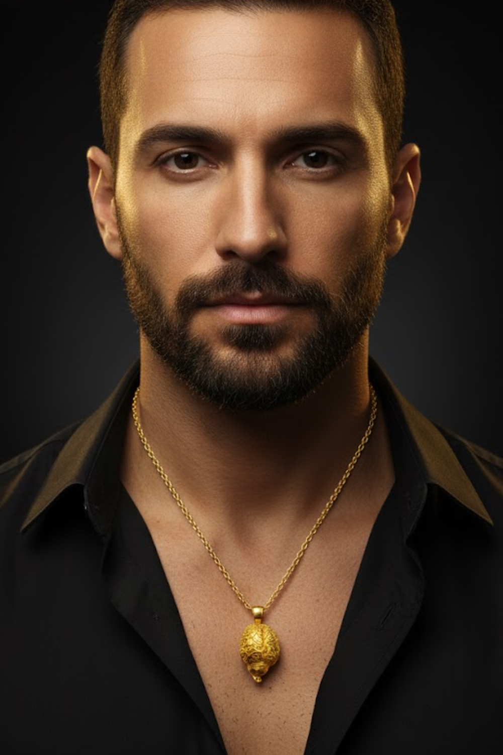 A man with a beard wearing a black shirt and a gold necklace with a pendant.