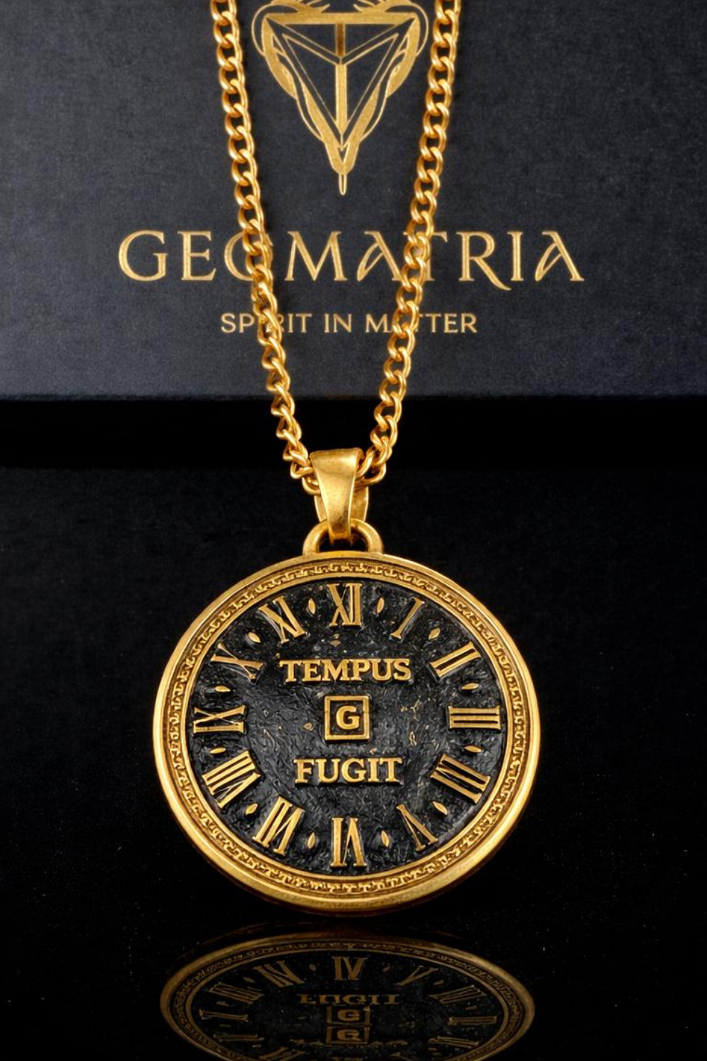A gold-colored pendant necklace with a circular clock face design, featuring Roman numerals and the words "TEMPUS" and "G FUGIT" on the face.