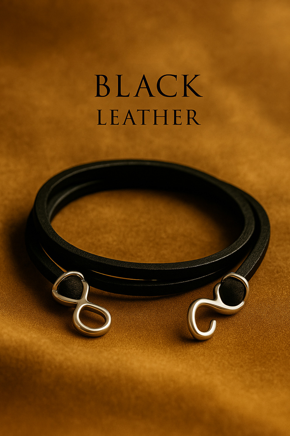 a black leather bracelet with silver metal loops, placed on a brown surface.