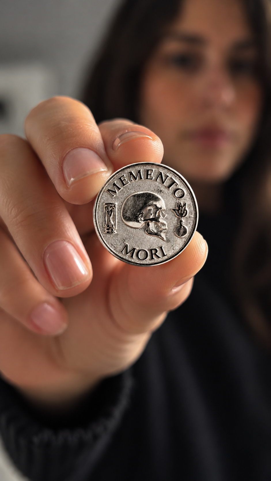 Moneda Memento Mori | Símbolo de mortalidad, sabiduría y presencia | Hecho a mano en plata de ley 925, chapado en oro de 24 quilates, bronce, cobre