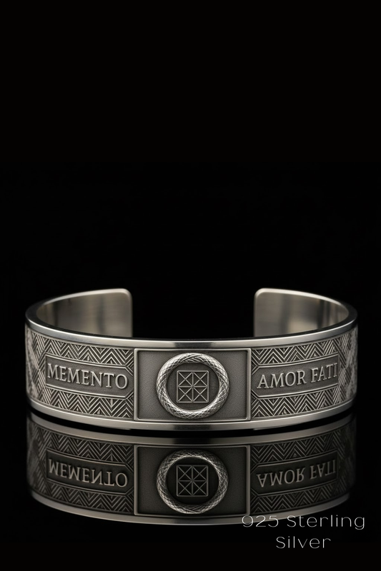 A silver cuff bracelet with the engraved phrases "MEMENTO" and "AMOR FATT" on the front, and a central circular design.