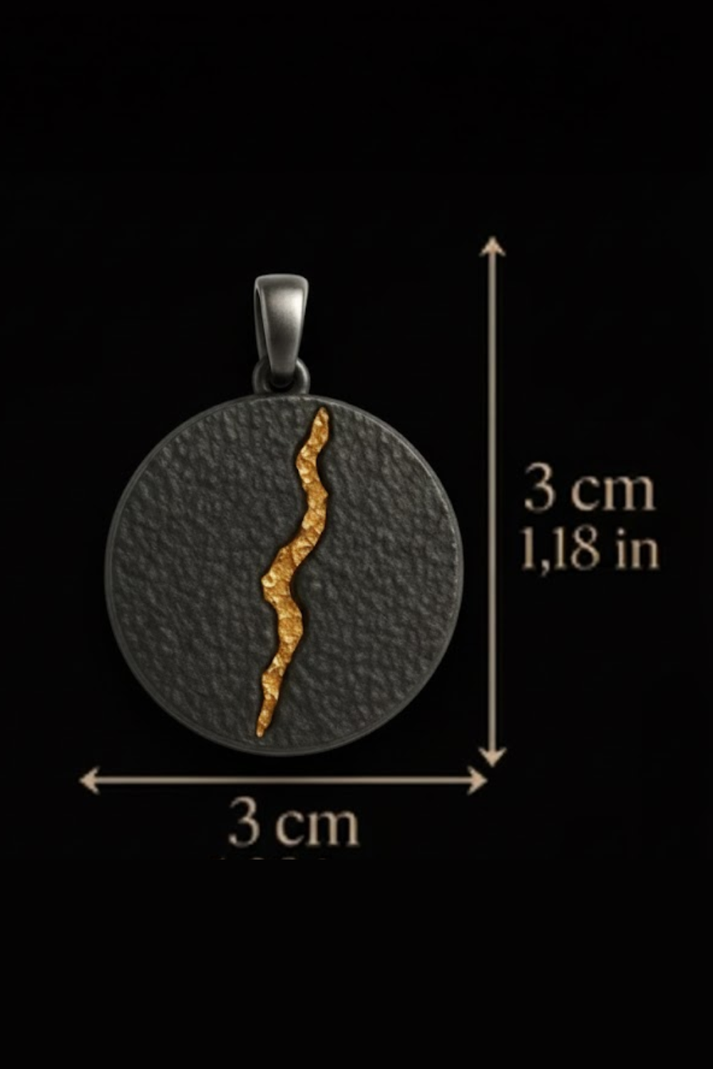 a pendant with a gold-colored lightning bolt design, and it is approximately 3 centimeters in diameter.
