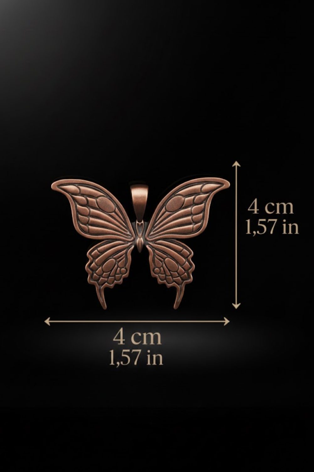 a detailed view of a butterfly pendant, with measurements provided.