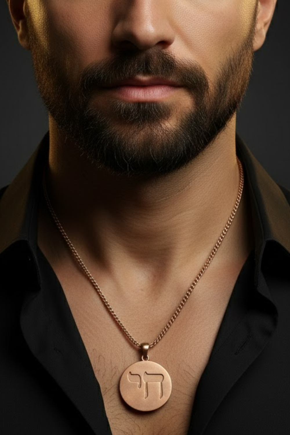 A close-up of a man's neck and chest area, with a gold-colored pendant featuring a symbol hanging from a chain around his neck.