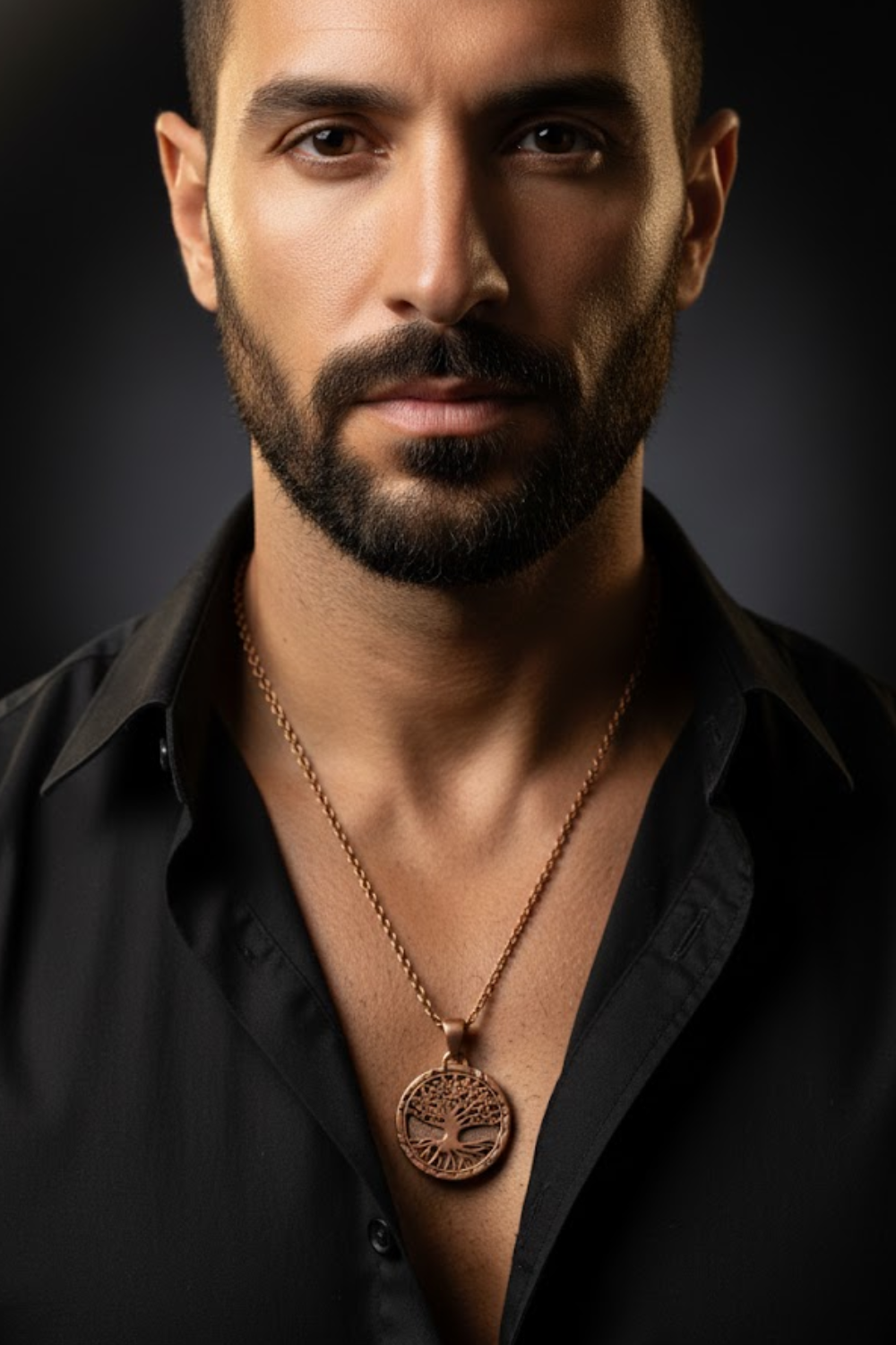 A man with a beard wearing a black shirt and a necklace with a pendant is shown in a close-up portrait against a dark background.