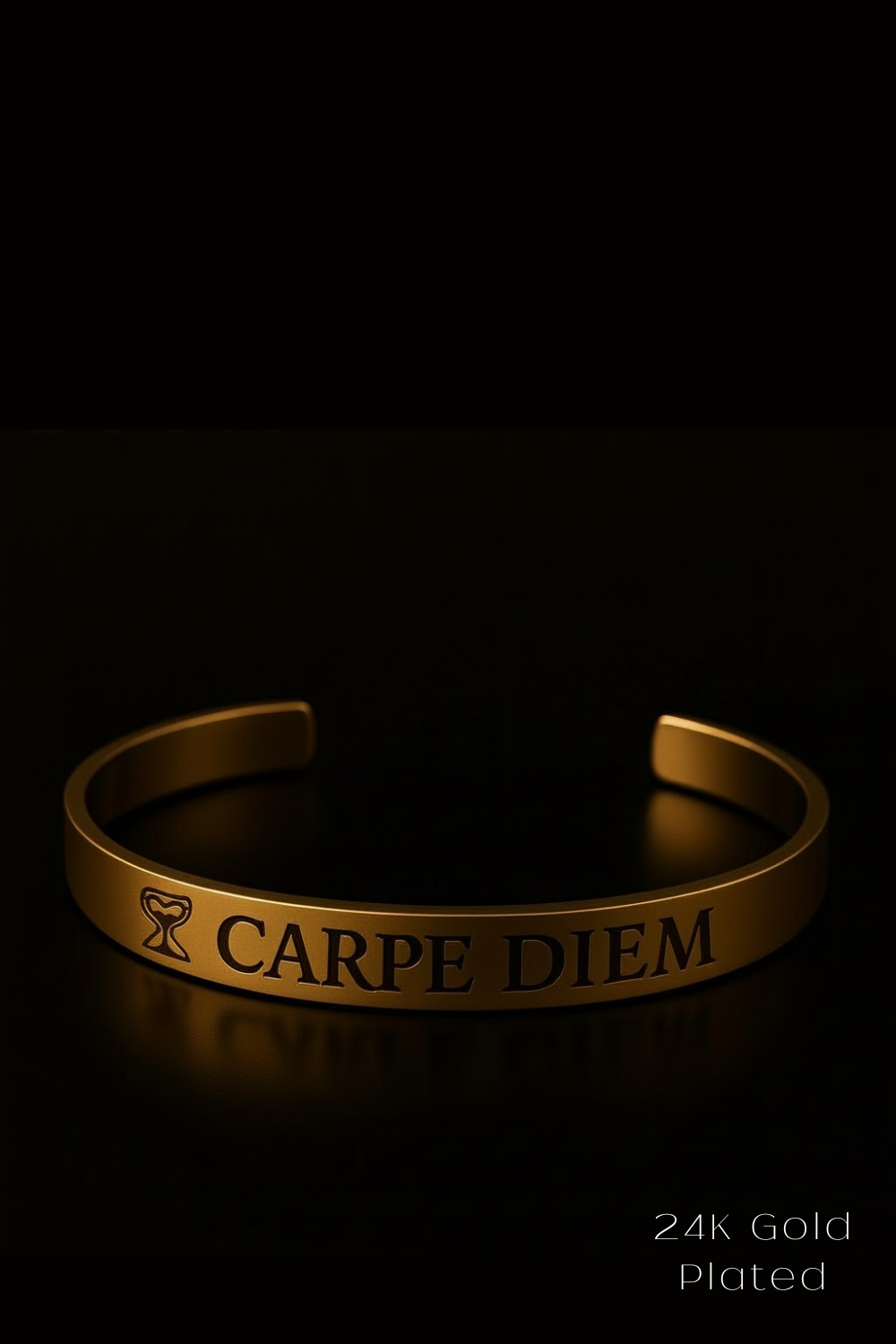 A gold-colored bracelet with the engraved text "CARPE DIEM" on it, which means "CARPE FORT" in Latin.