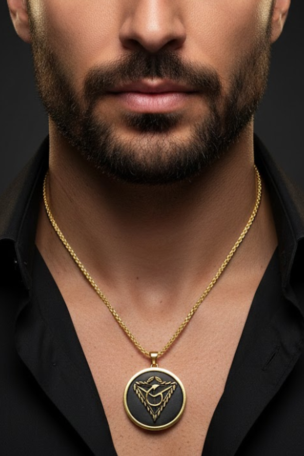 A close-up of a man's neck and chest area, with a gold chain necklace and a circular pendant featuring a symbol.