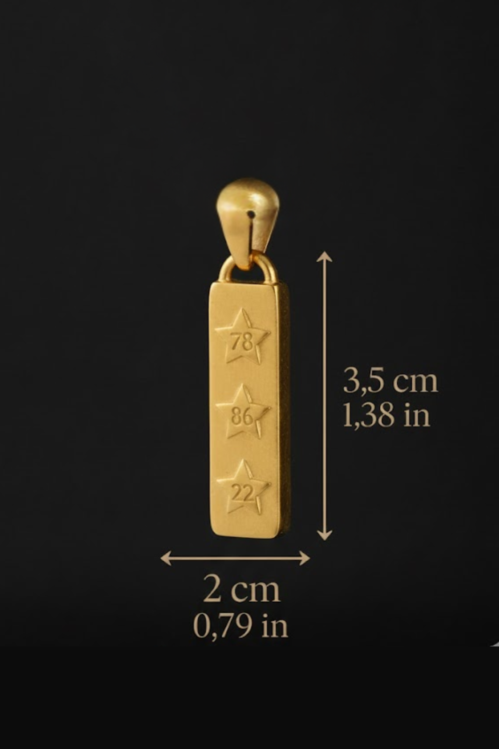 a gold-colored pendant with three stars, measuring 2 cm in length and 0.79 in width.