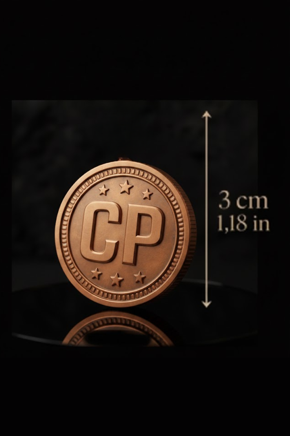 a shiny copper-colored coin with the letters "CP" prominently displayed on it. The coin is placed on a reflective surface, and there is a measurement scale indicating its size.