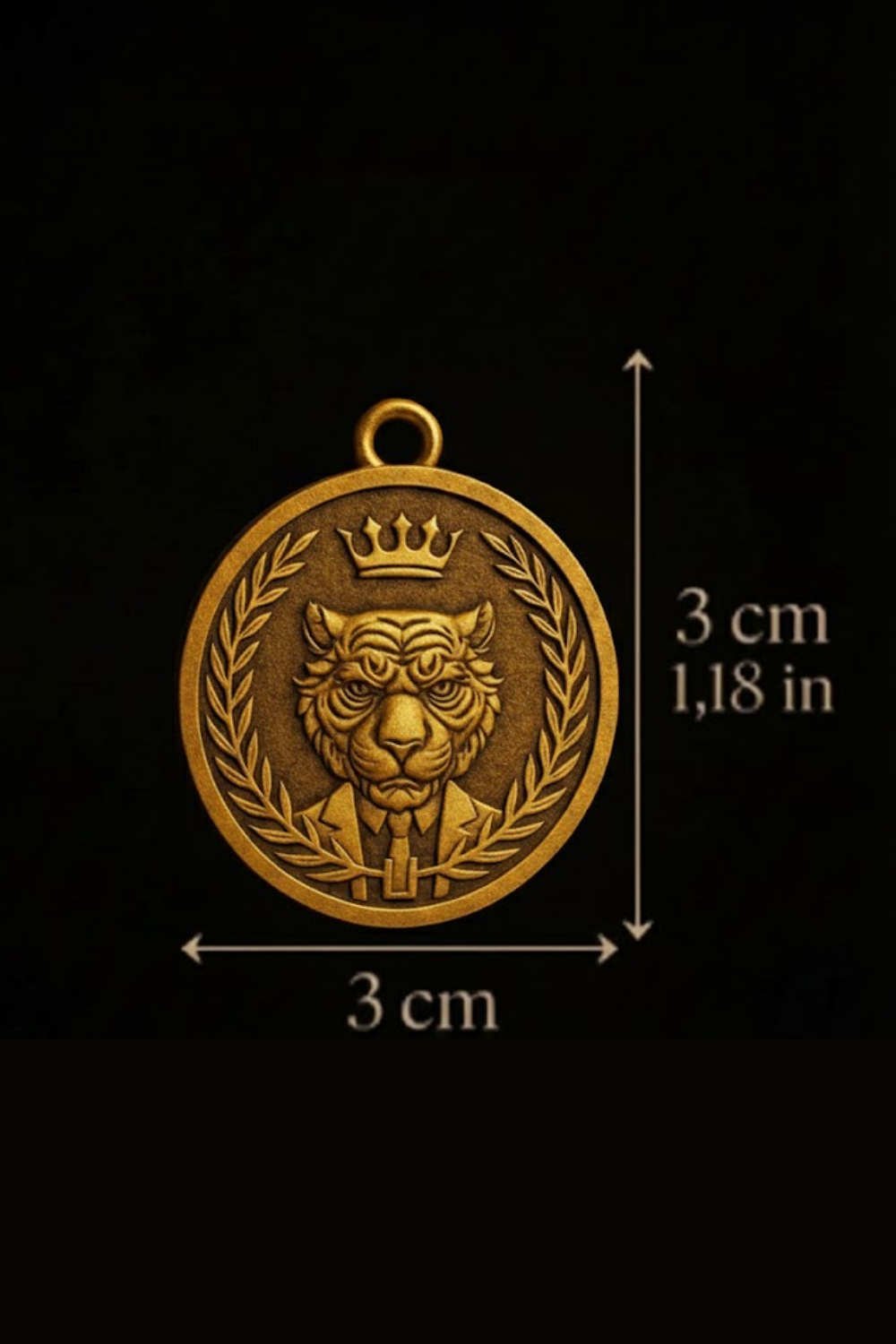 A gold-colored medal with a lion's head and crown design, along with measurements indicating it is 3 cm in diameter.