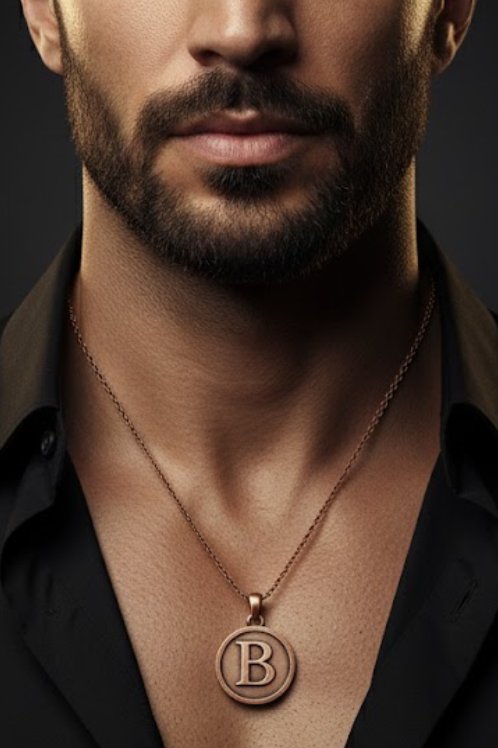 A close-up of a man's neck and chest area, with a necklace featuring a large circular pendant with the letter "B" on it.